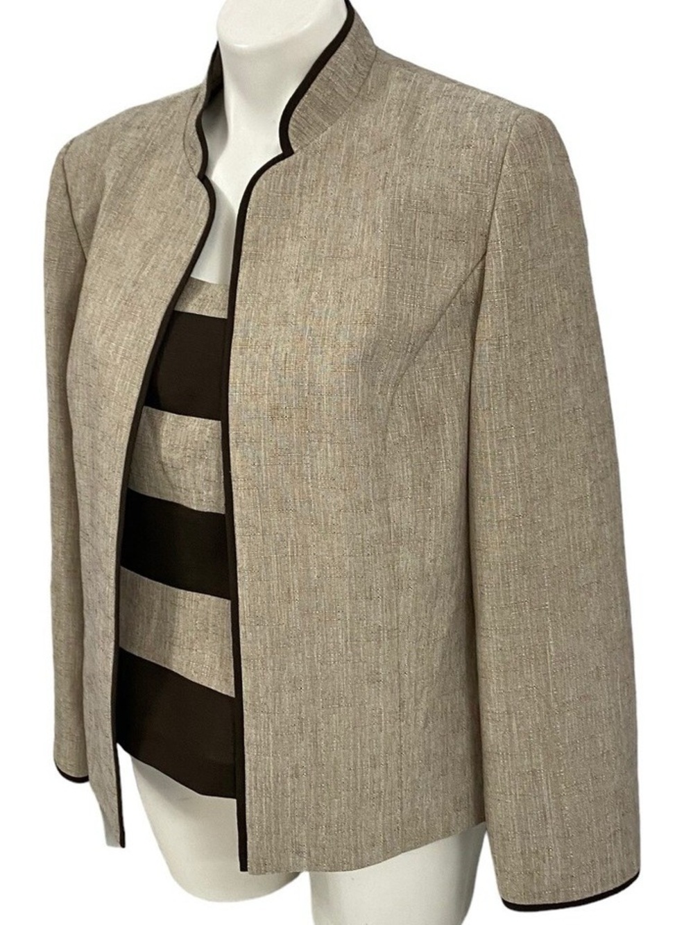 Perceptions Beige Collarless Blazer with Dark Brown Trim